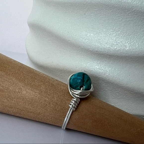 Cyan Blue Turquoise Sterling Silver Wire Wrap Ring - Picture 7 of 12